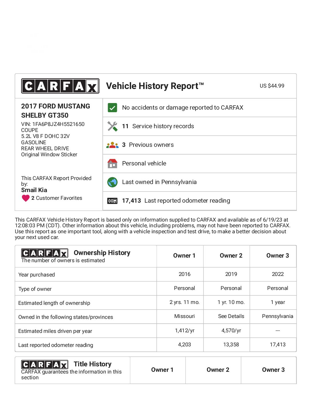 CARFAX Vehicle History Report for this 2017 FORD MUSTANG SHELBY GT350_ 1FA6P8JZ4H5521650