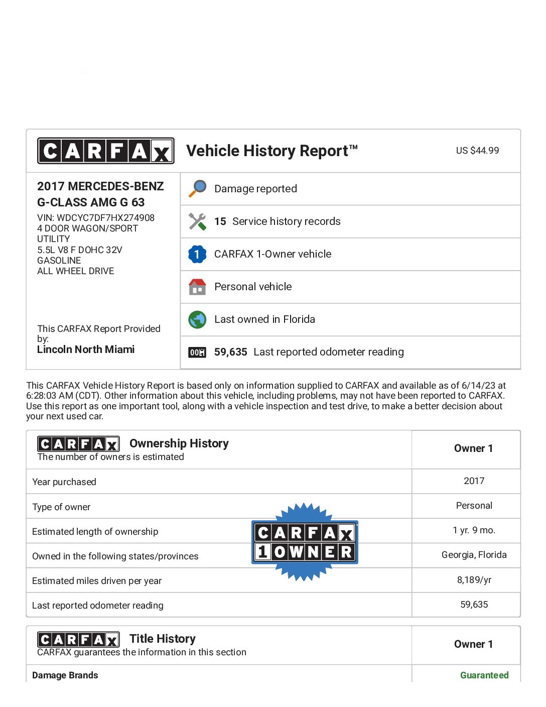 CARFAX Vehicle History Report for this 2017 MERCEDES-BENZ G-CLASS AMG G 63_ WDCYC7DF7HX274908