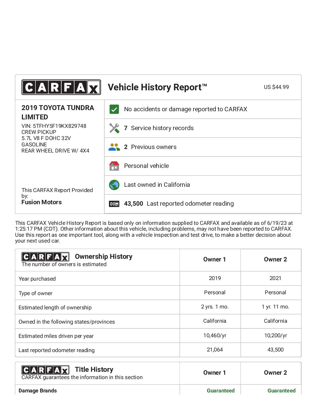 CARFAX Vehicle History Report for this 2019 TOYOTA TUNDRA LIMITED_ 5TFHY5F19KX829748