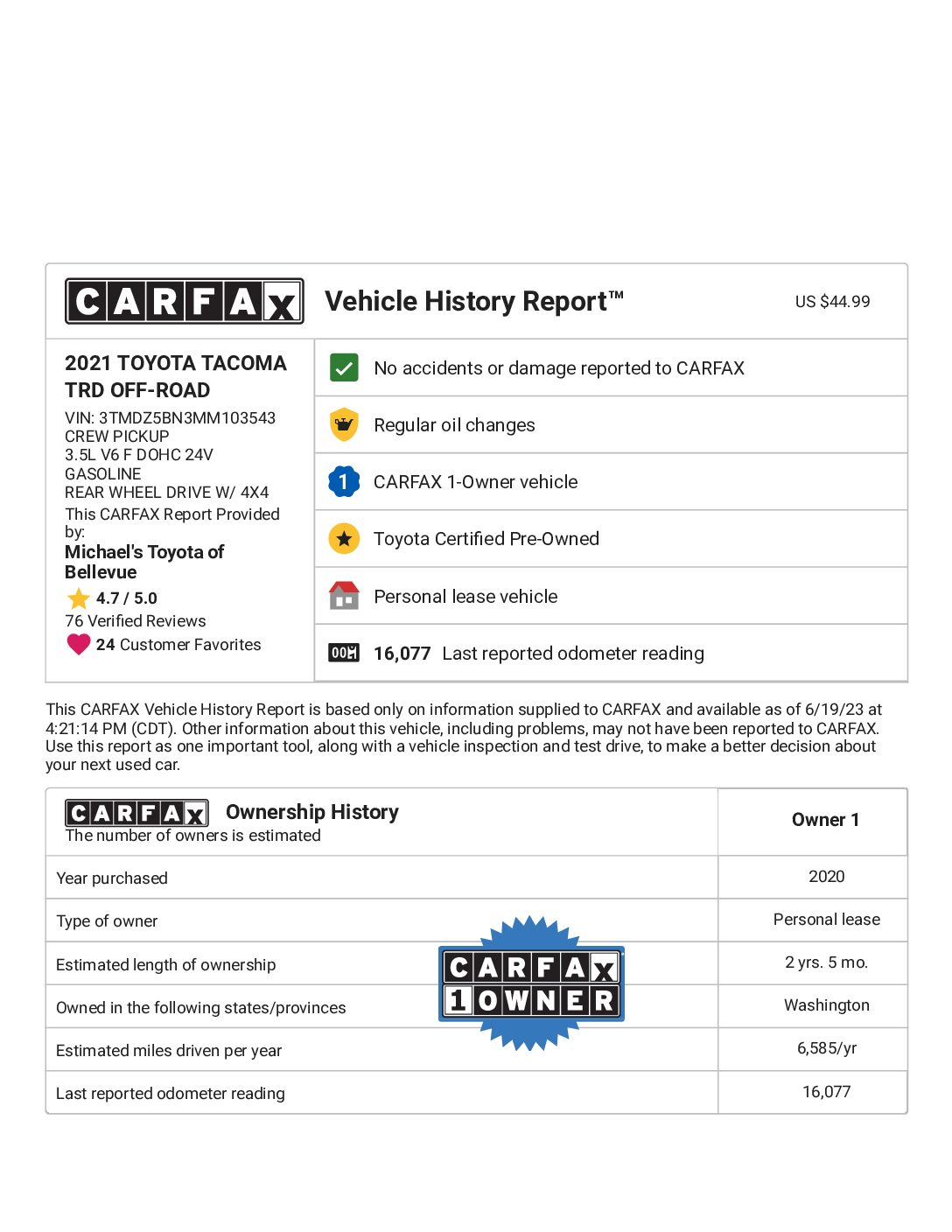 CARFAX Vehicle History Report for this 2021 TOYOTA TACOMA TRD OFF-ROAD_ 3TMDZ5BN3MM103543